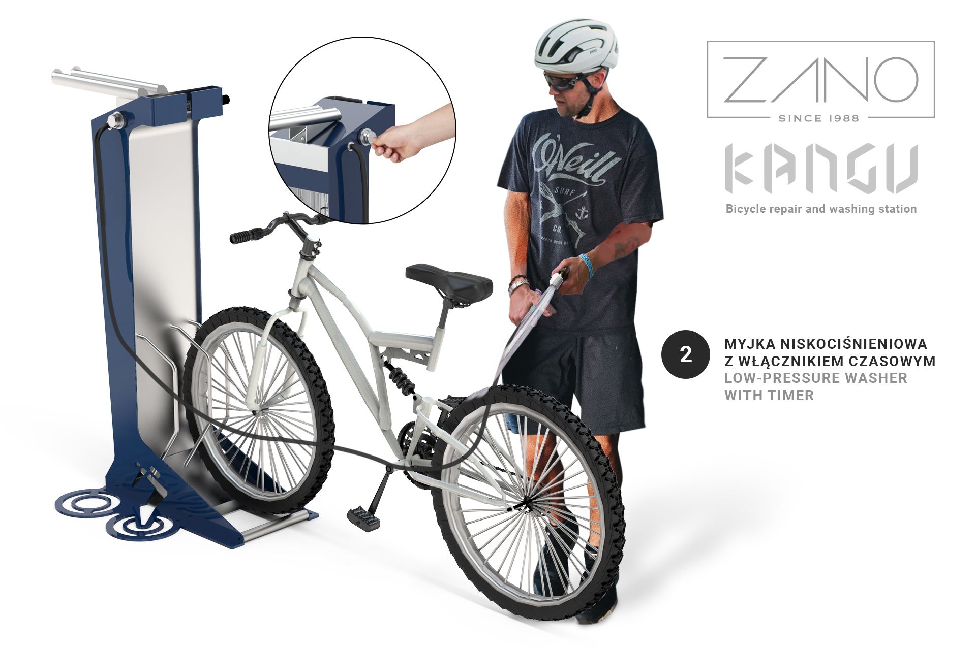 Station with low-pressure washer for washing bicycles