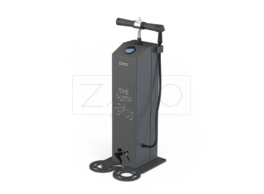 Public bicycle pump made of painted carbon steel with pressure gauge