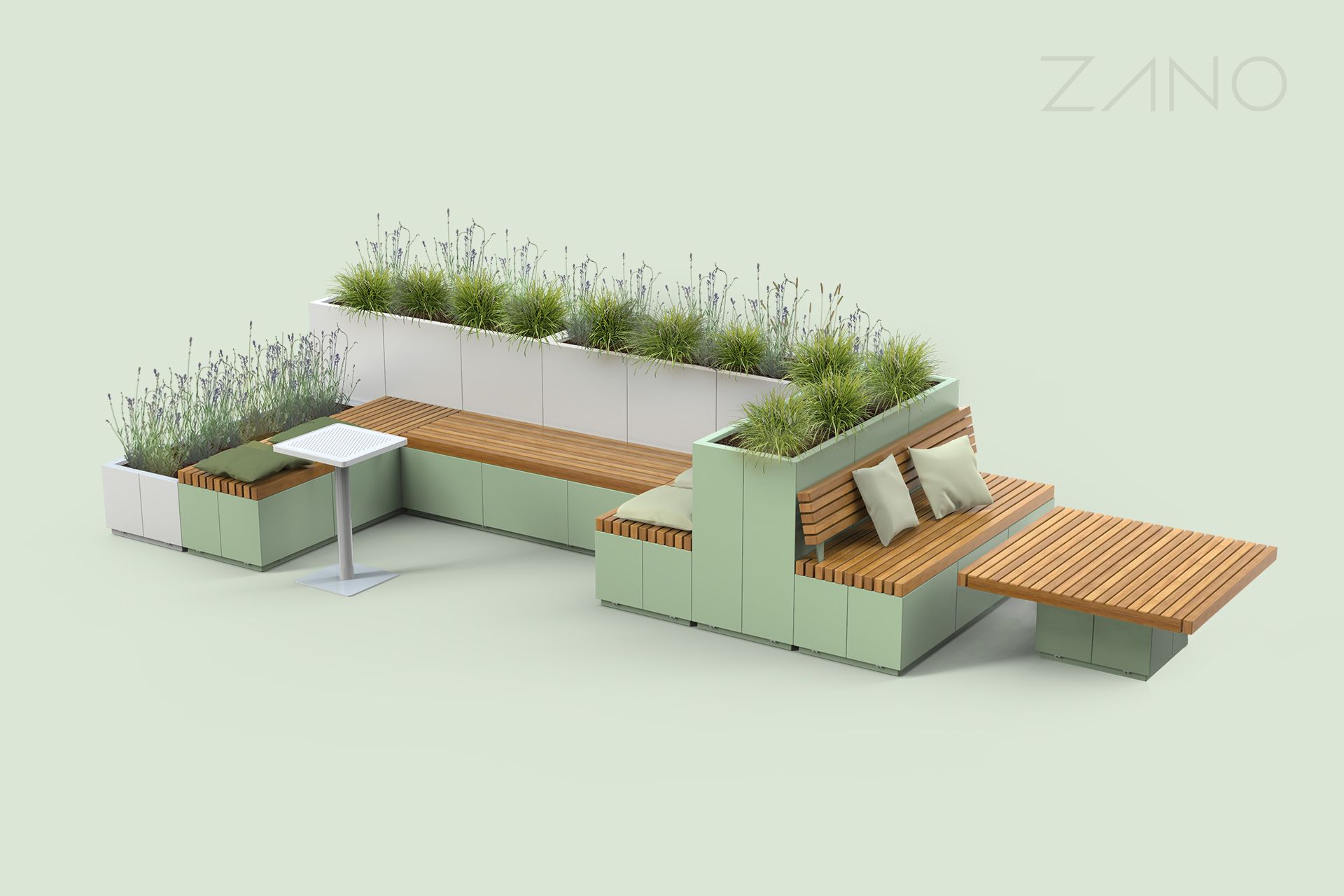 Urban furniture in an arrangement with a table Urban furniture in an arrangement with a table