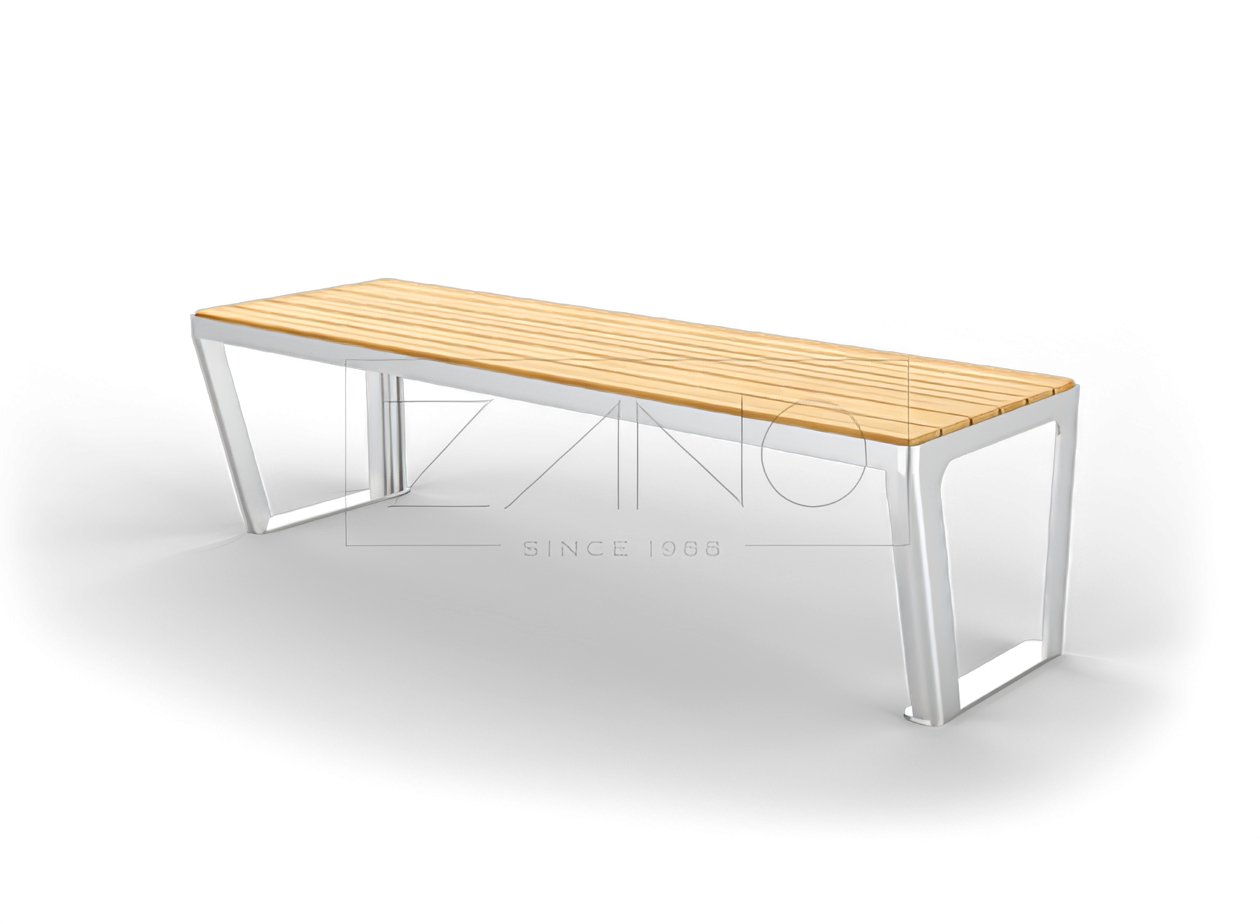modern city bench without backrest. Simple, elegant made of stainless steel and spruce wood