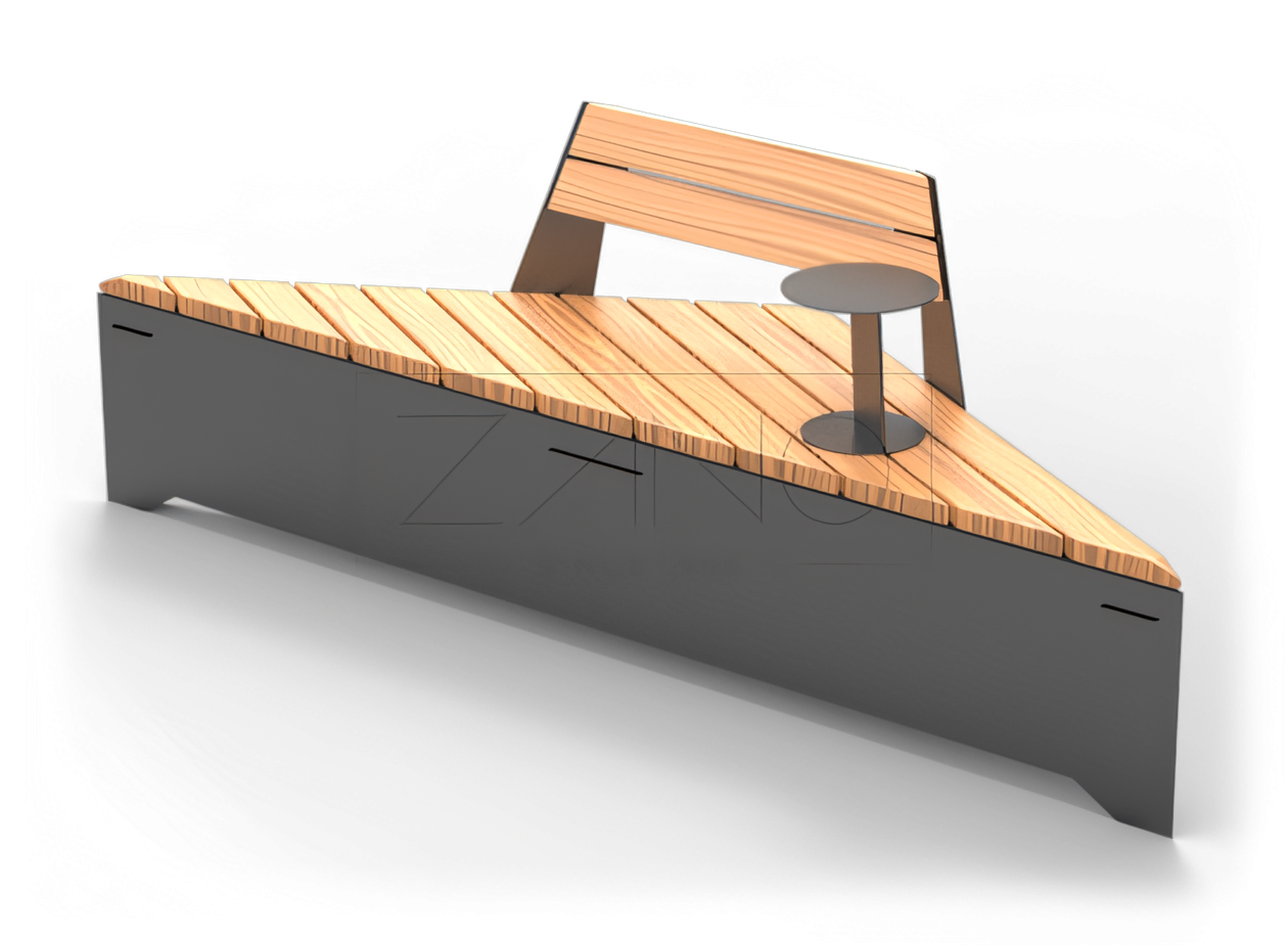 Modern city bench with backrest and table Black steel modular bench with backrest and table