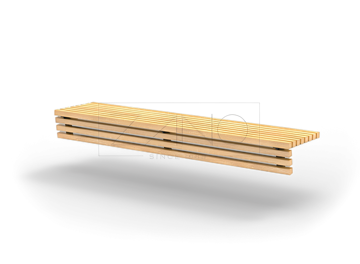 Flash seat made of spruce wood and black steel on concrete wall Flash seat made of spruce wood and black steel on concrete wall