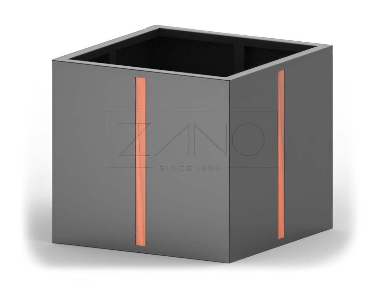 Black steel pot with wood elements for public places Black steel pot with wood elements for public places