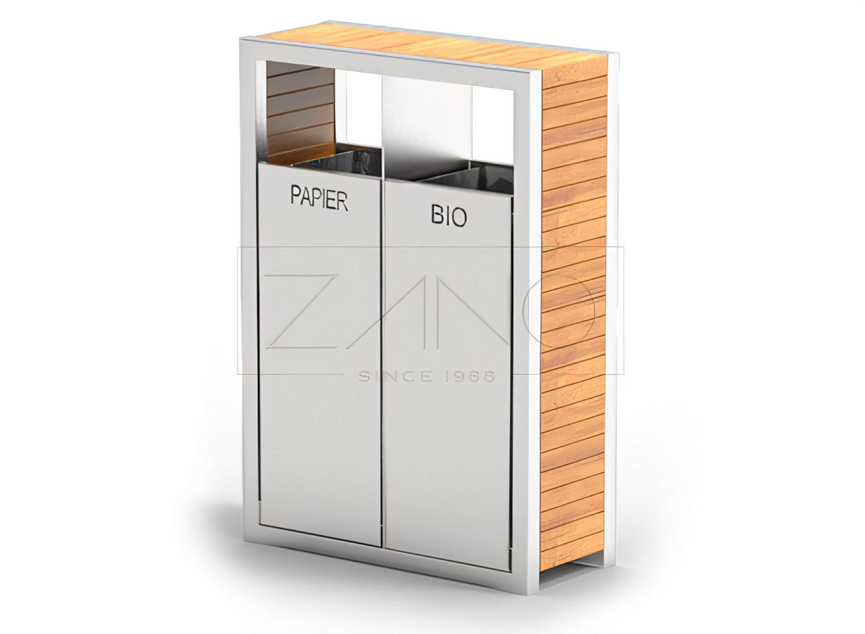 PAVO two-chamber recycling garbage can made of stainless steel and varnished spruce wood