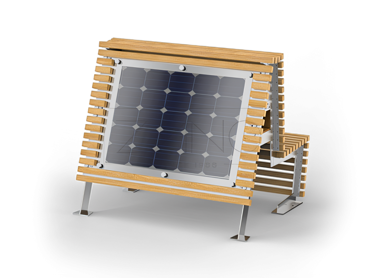 Solar bench made of stainless steel and spruce wood Solar urban furniture | Urban furniture manufacturer