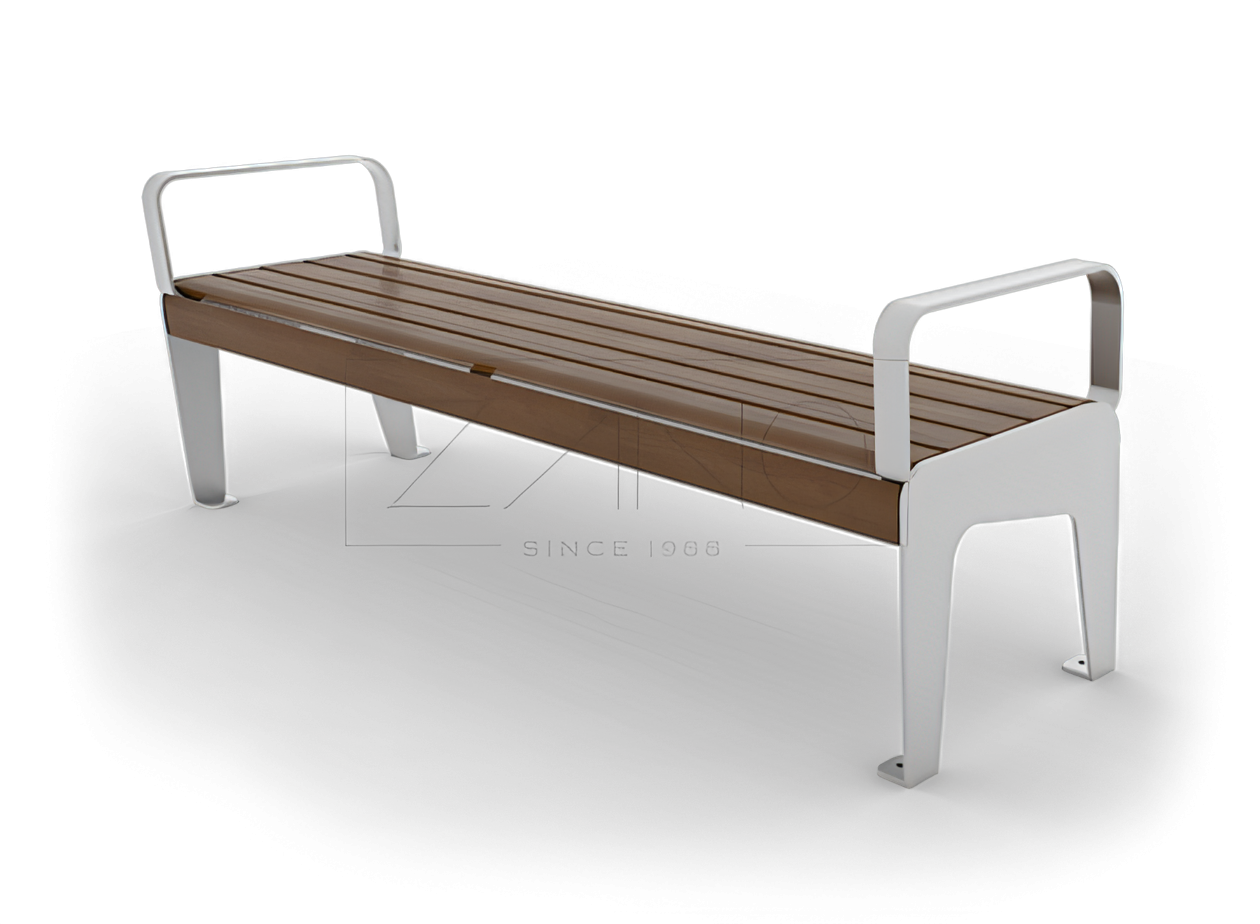 02.412.1 Soft bench Park bench with armrests made in stainless steel and spruce wood lacquered in Walnut color