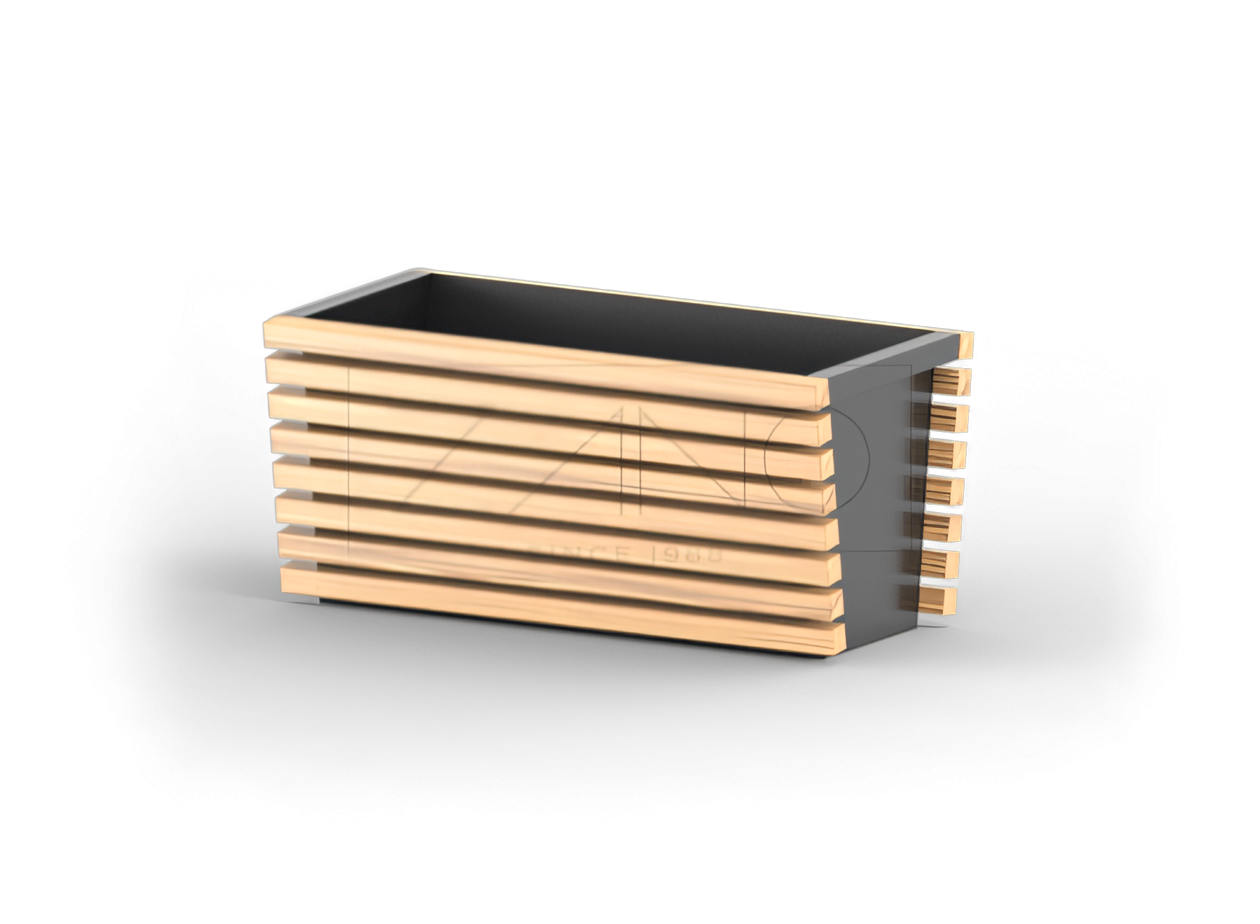 Modern, stylish pot of black steel and wood elements Modern, stylish pot of black steel and wood elements