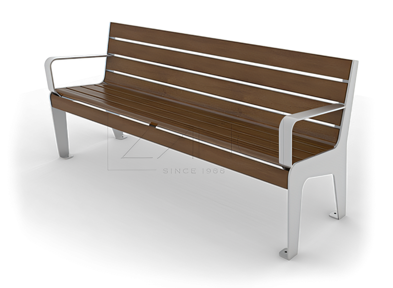 City bench for seniors | Soft 02.012.1 Stylish city bench for seniors in stainless steel and wood, with backrest and armrests