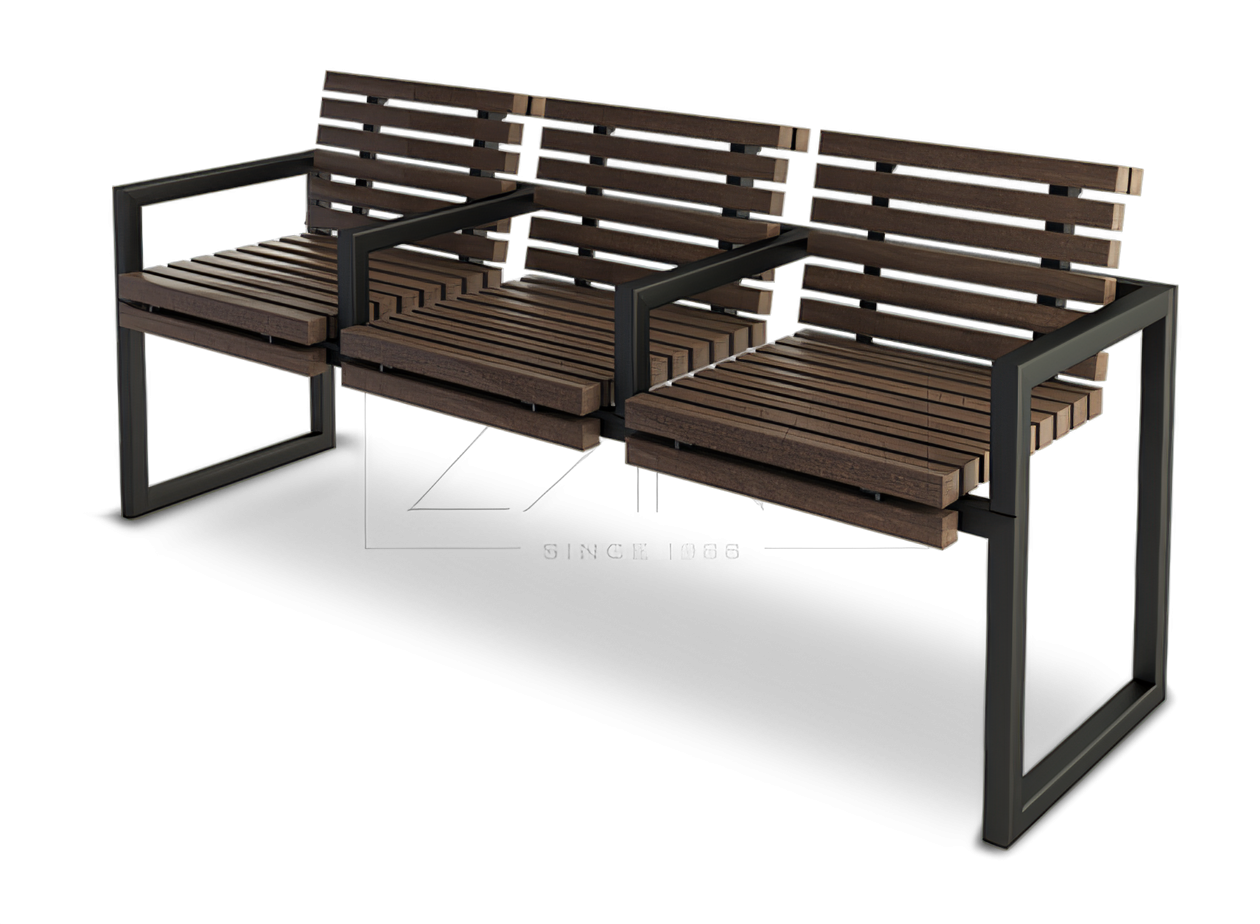 Street benches modern Wooden bench with metal frame and comfortable armrests