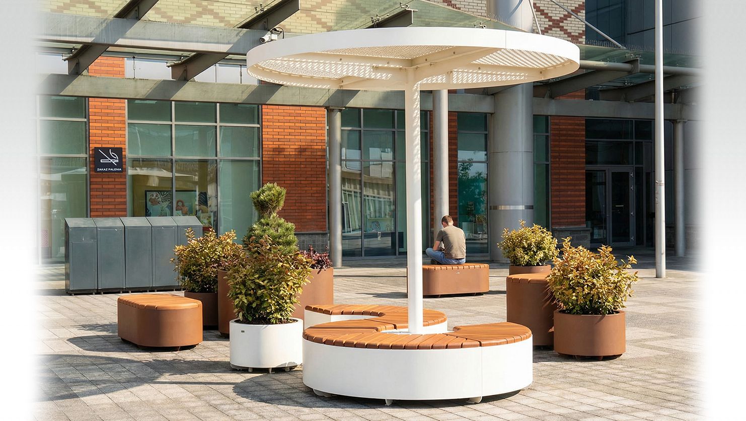 Perforated steel roofing plus pots and benches