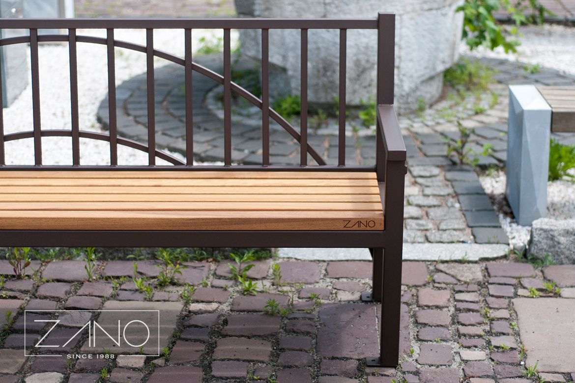 Urban benches of steel construction with Iroko exotic wood elements