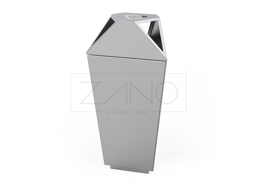 Modern geometric and minimalist trash garbage can with ashtray made of stainless steel